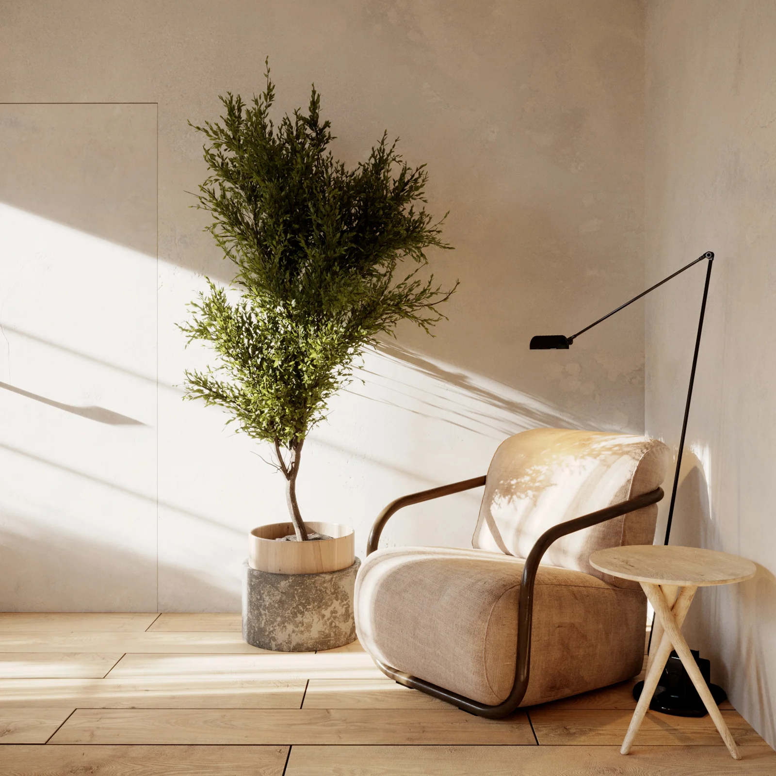 3d interior render: a tree and a chair in the corner of the room