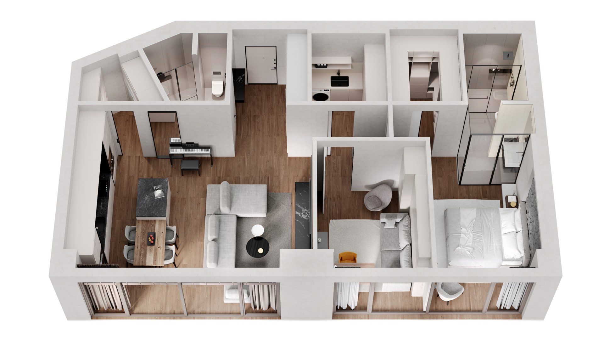 3D floor plan: top view of the house
