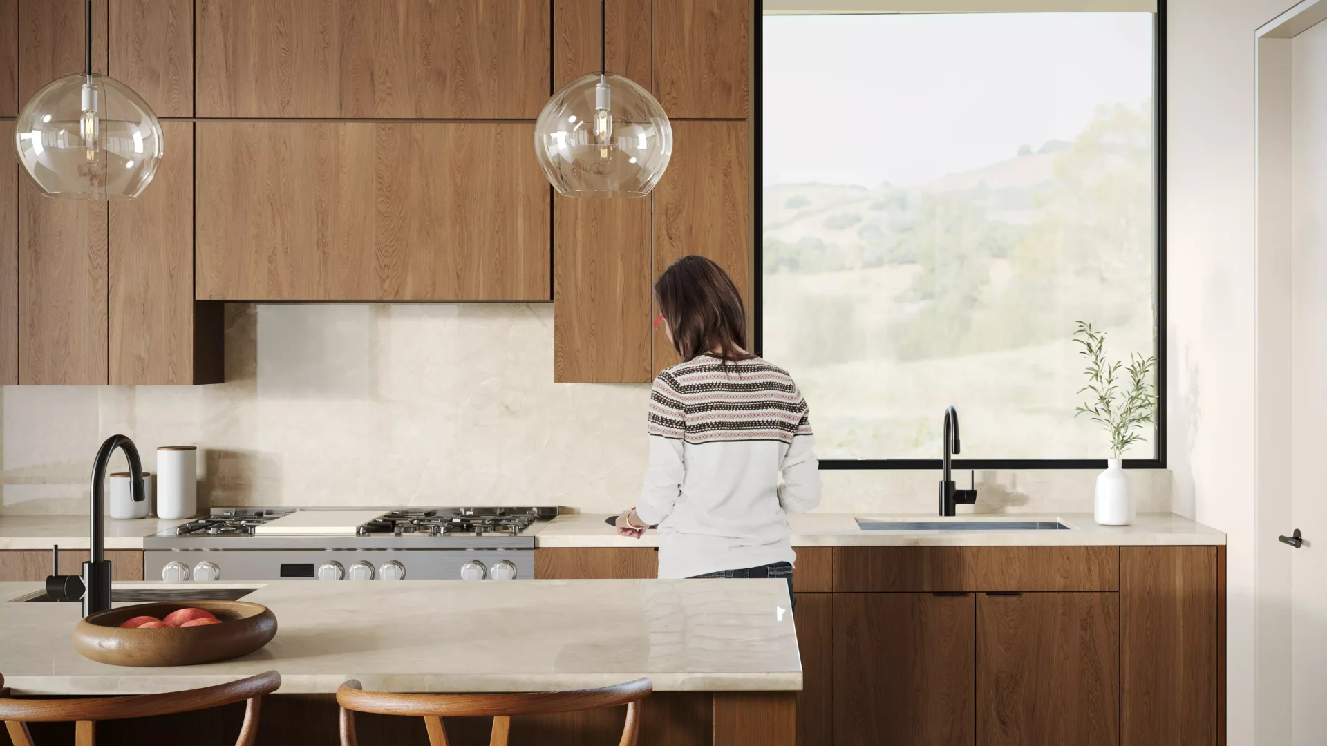 photorealistic 3d render: kitchen interior design with a woman