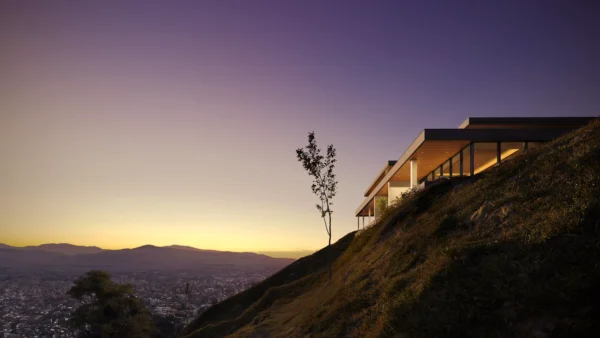 CGI of a hill house at sunset