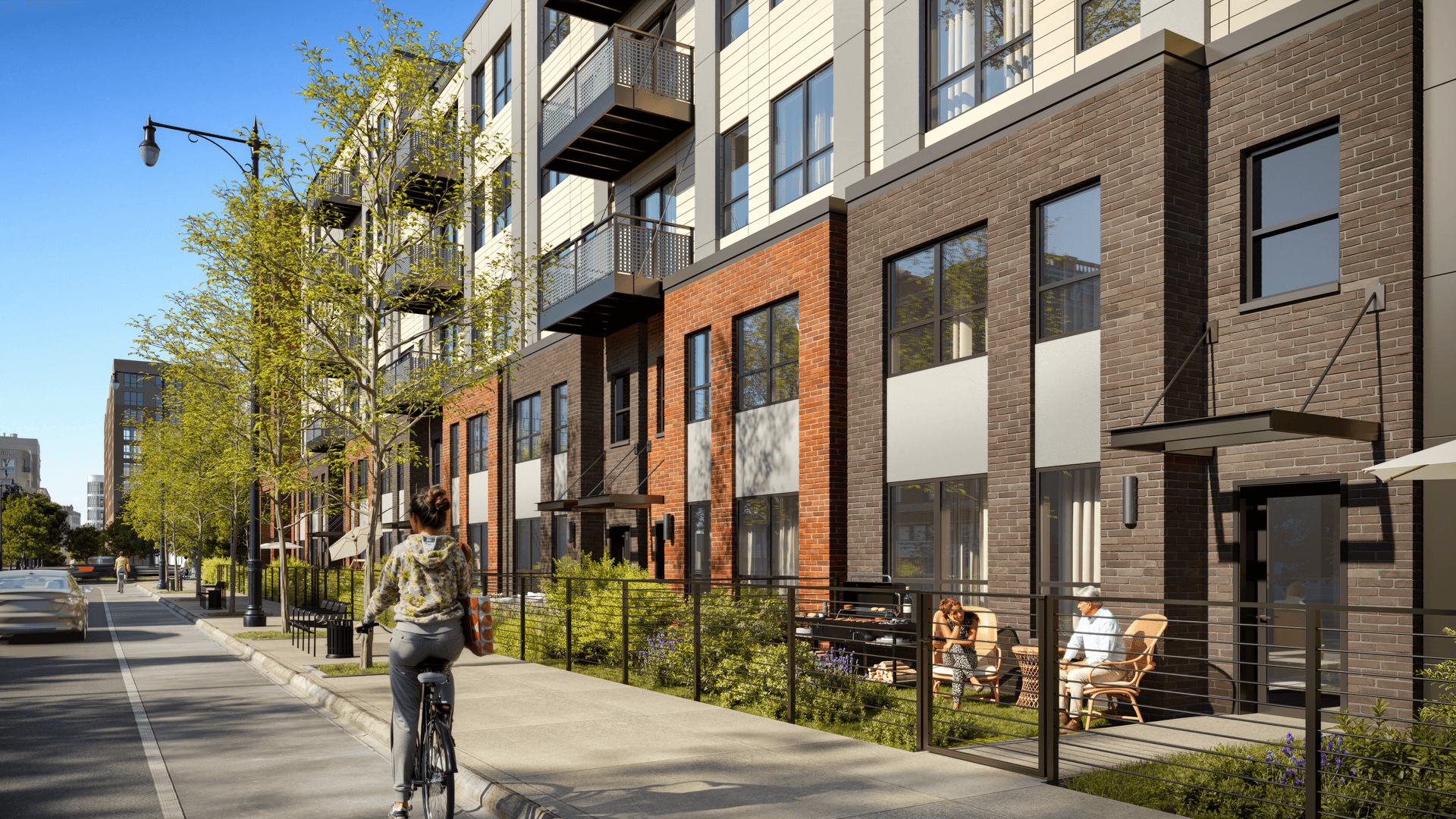 Modern apartment building 3D rendering, showcasing brick facade and outdoor patio scene.