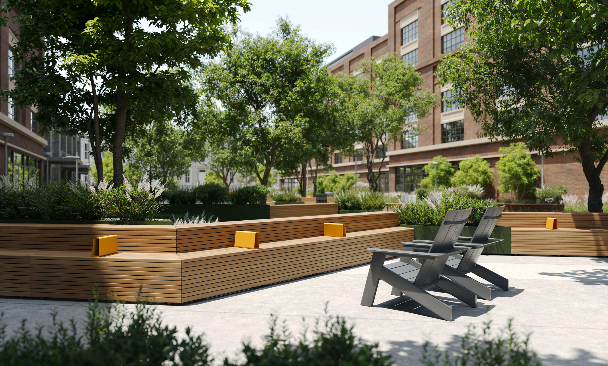 Outdoor courtyard with modern benches, chairs, and lush greenery in an urban setting.