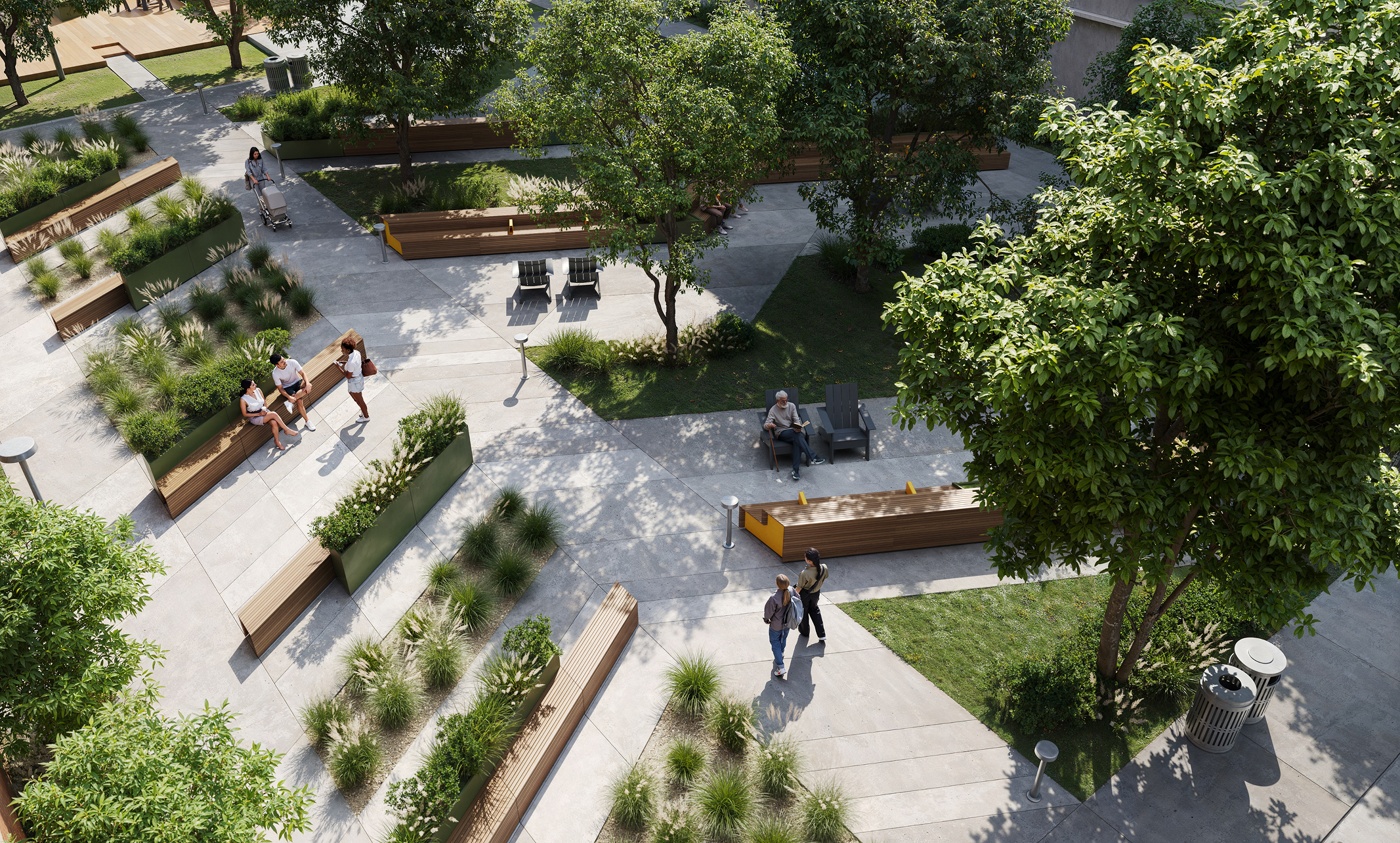 Aerial view of a modern park with benches, trees, and people enjoying the outdoor space.