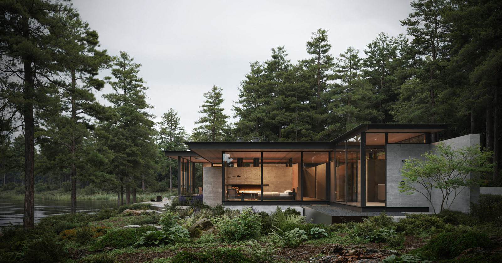 Modern house rendering with large windows surrounded by lush greenery, showcasing 3D house rendering services.