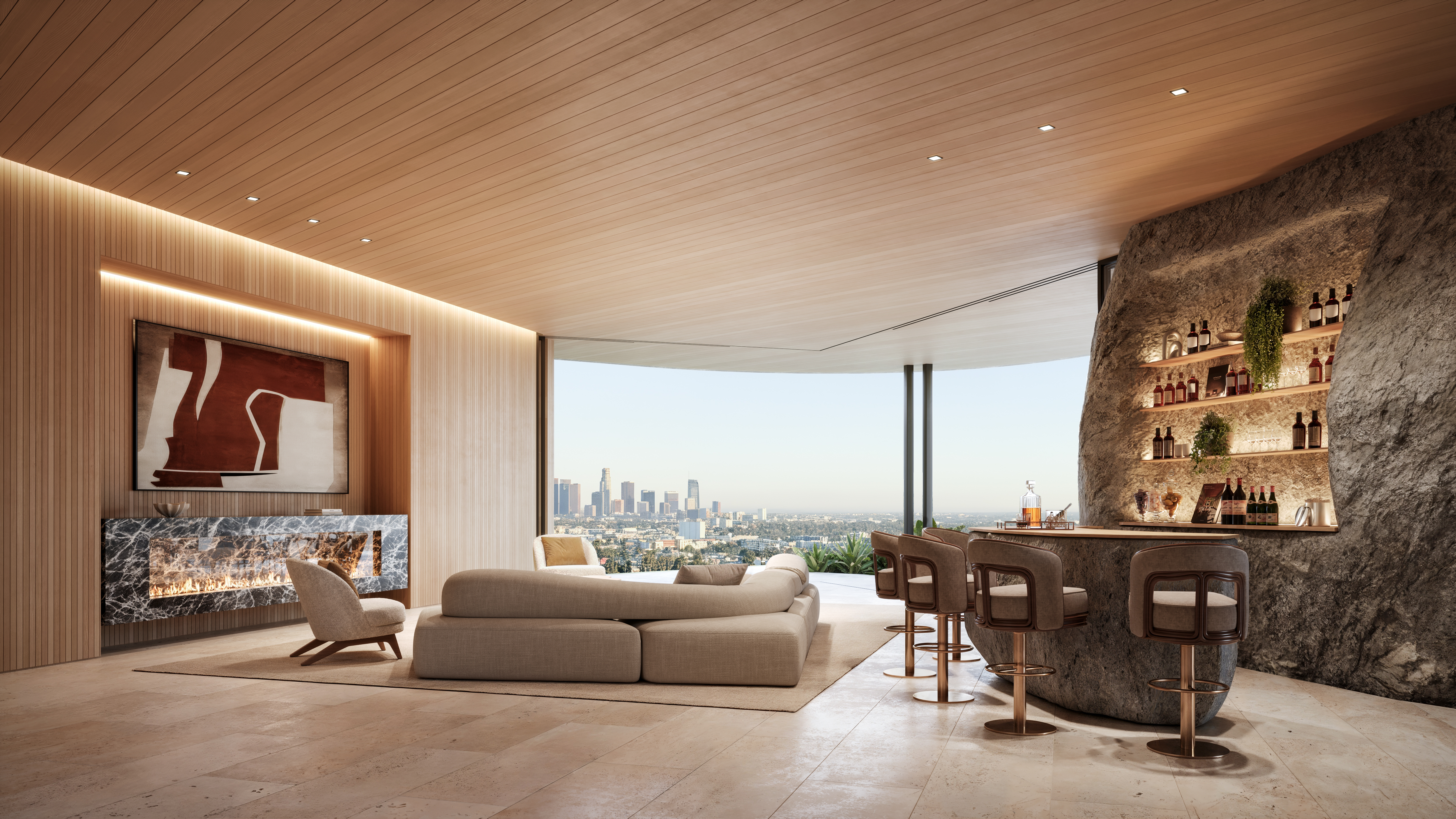 Luxury living room with city view, stone bar, and modern fireplace.