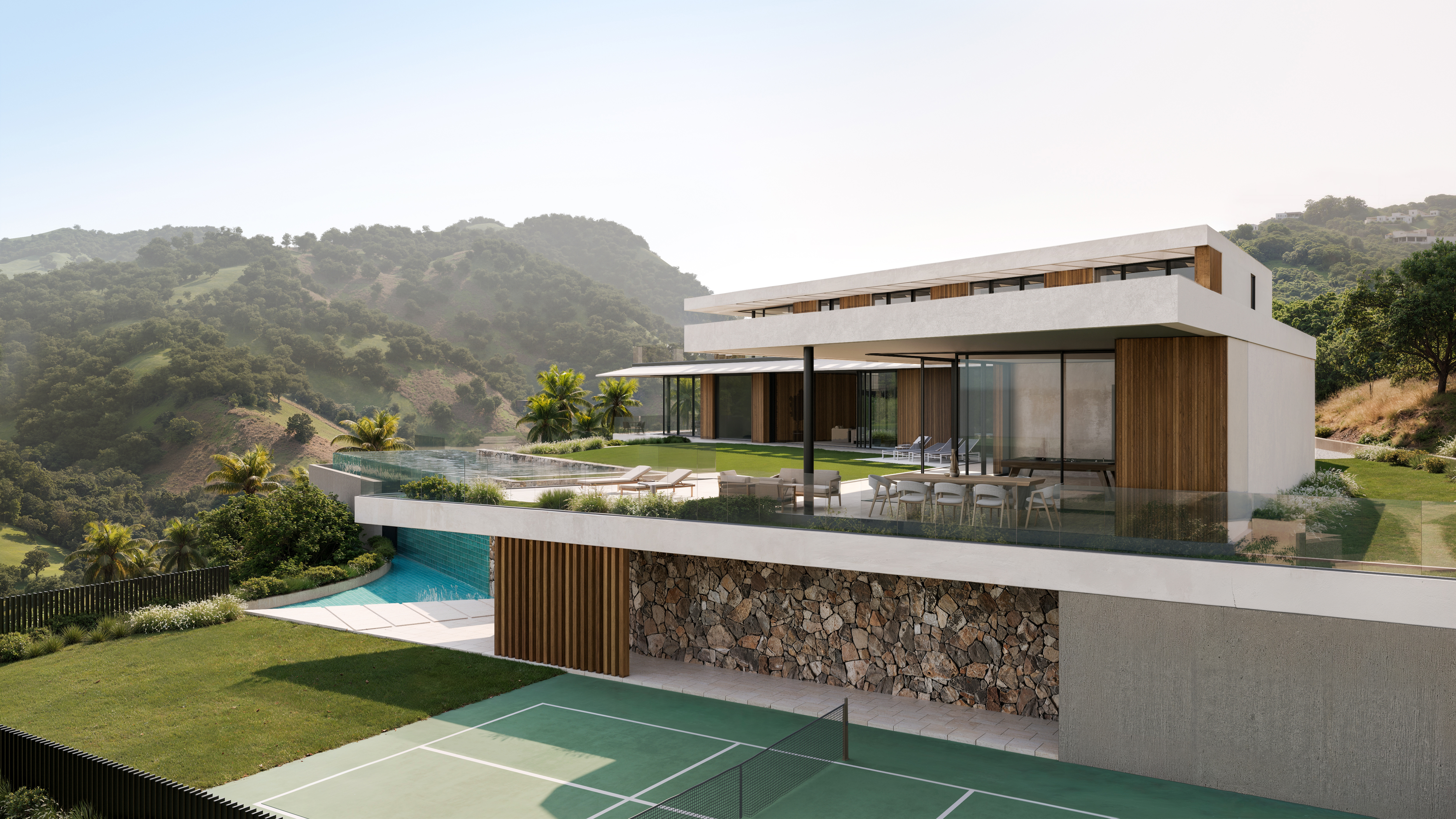 Modern luxury villa with pool, tennis court, and mountain views.
