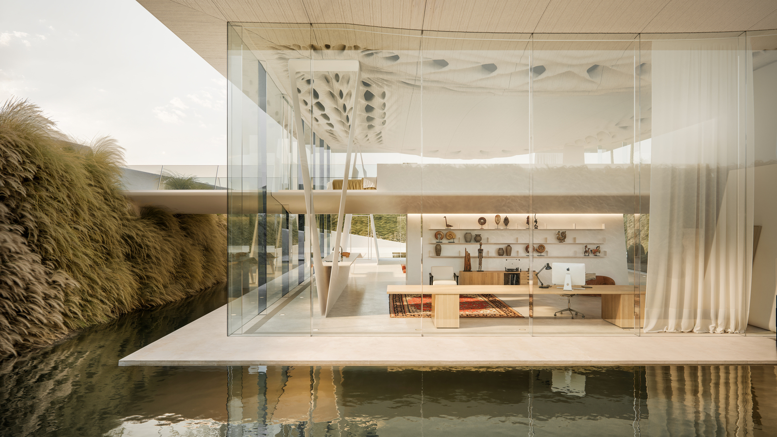 Modern house with glass walls overlooking water, showcasing 3D house rendering services.