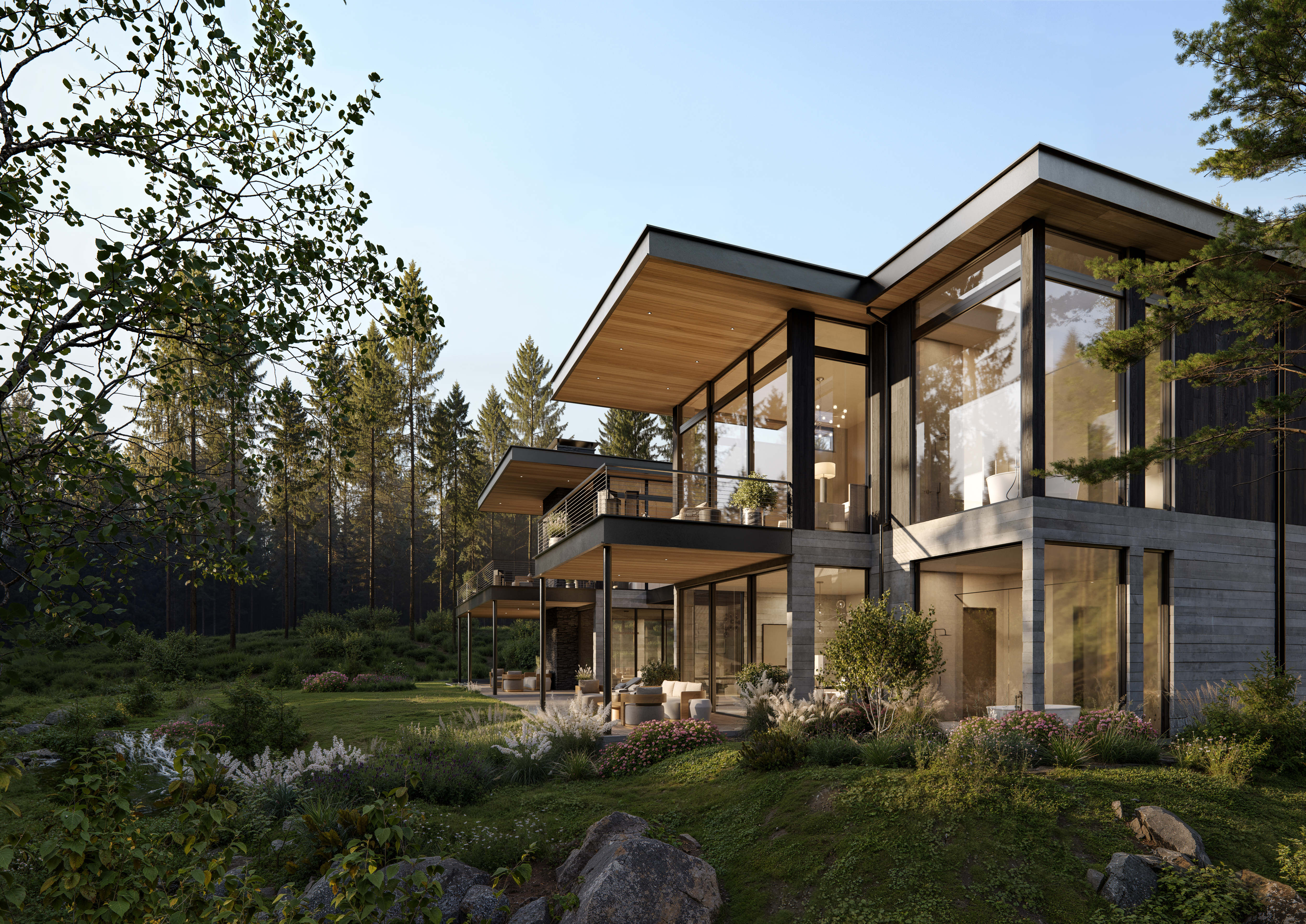 Modern house with large windows nestled in a forest setting, showcasing contemporary architecture and natural surroundings.