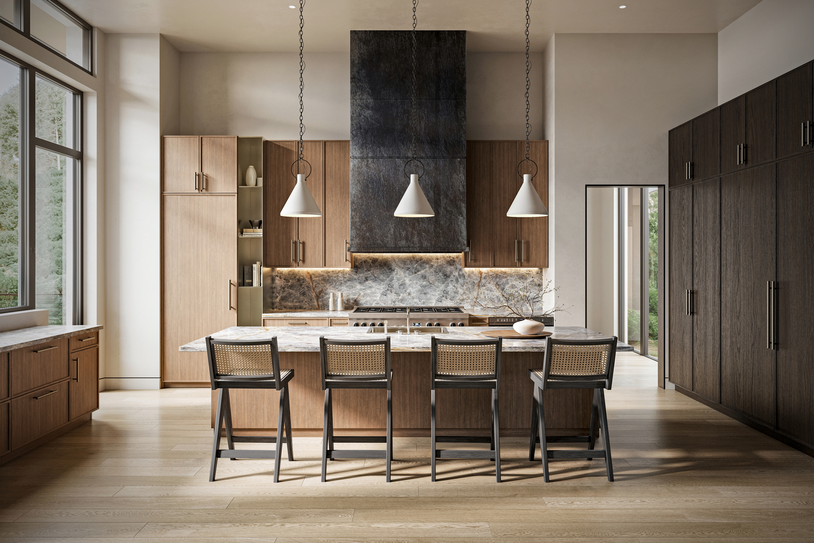 Modern kitchen with island, bar stools, and natural light. 3D house rendering services showcase.