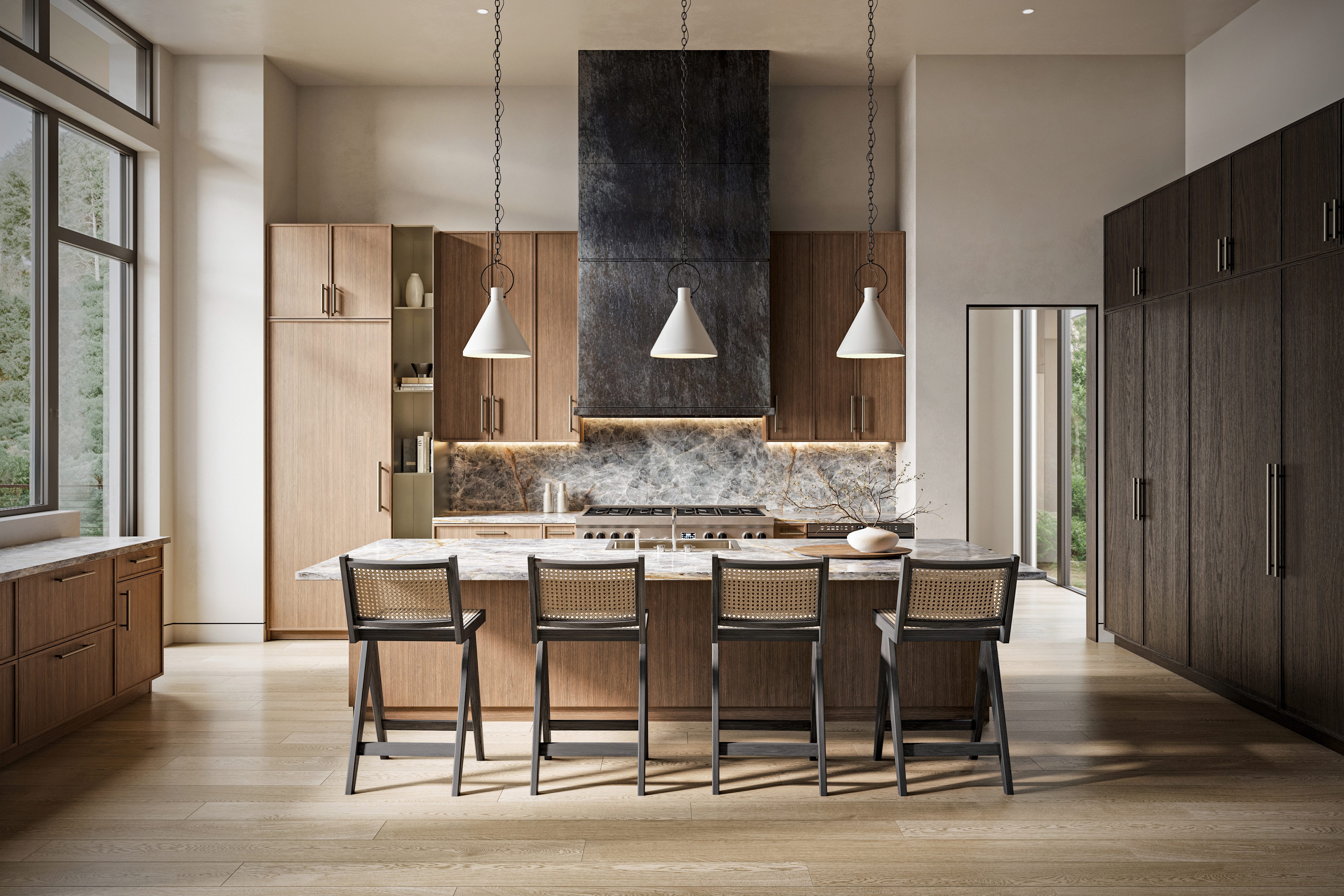 Modern kitchen design with wood cabinets, island, stone backsplash, and pendant lighting.