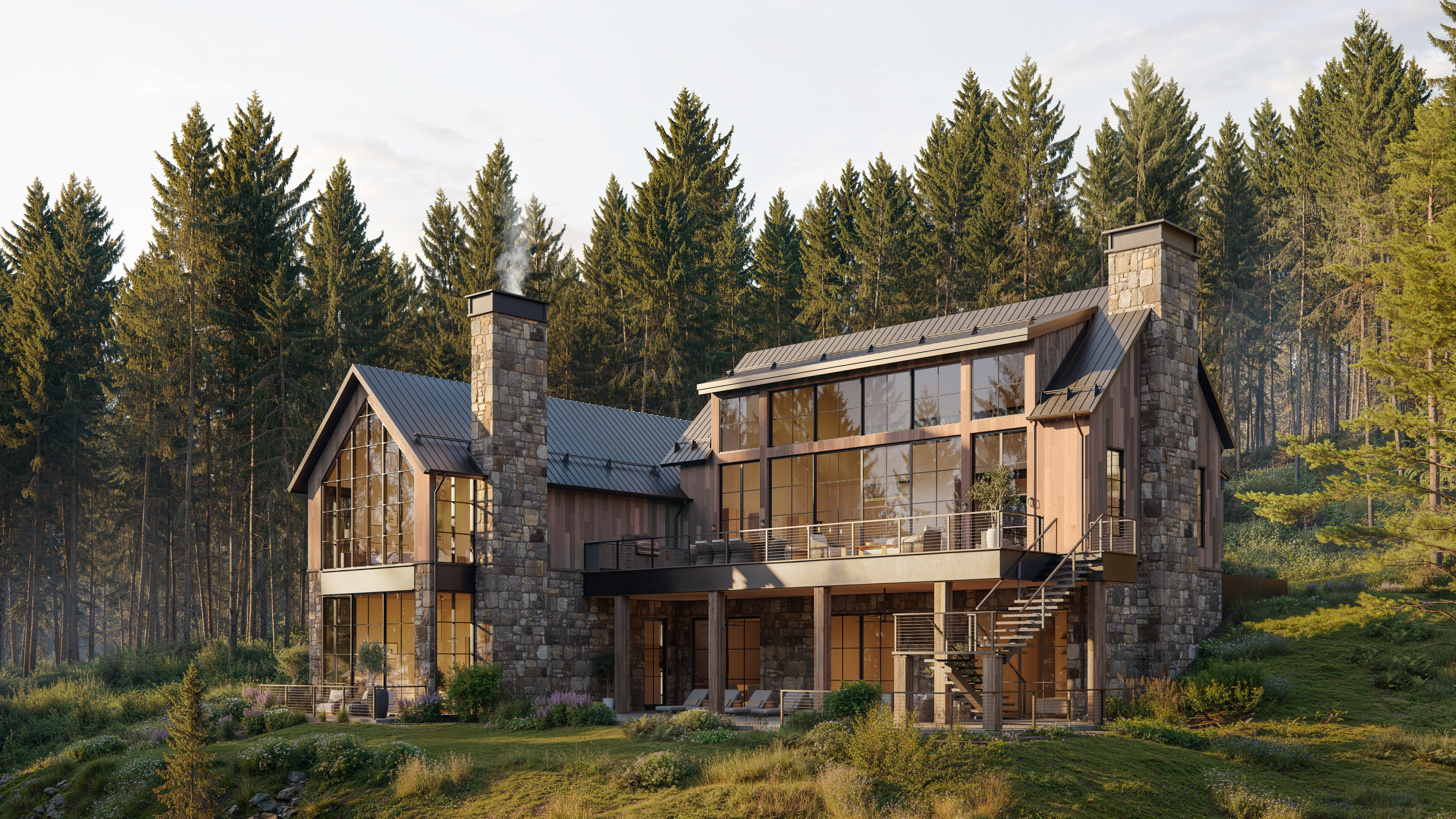 Modern mountain home with stone, wood, and large windows.