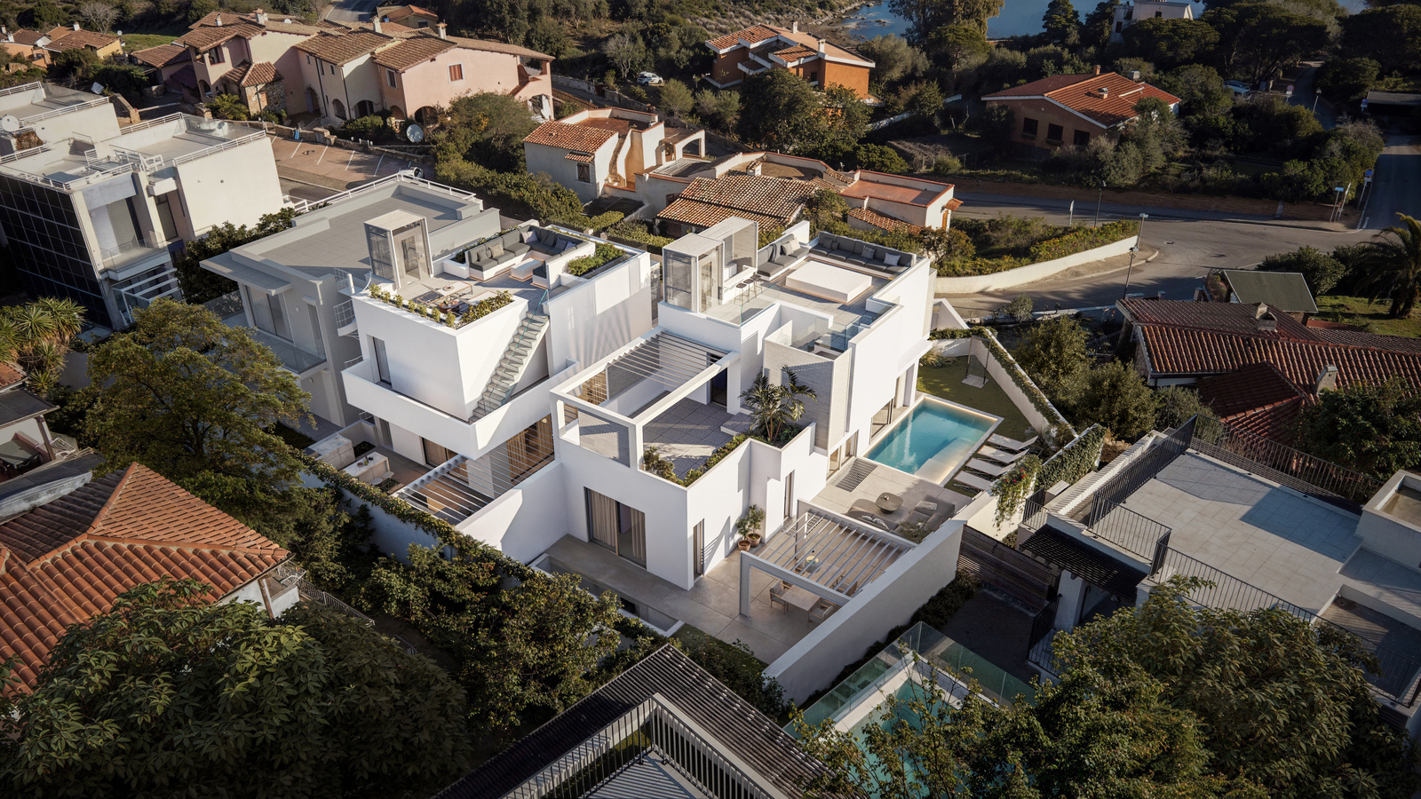 Modern white house with pool, aerial view. 3D house rendering services showcase architectural design.