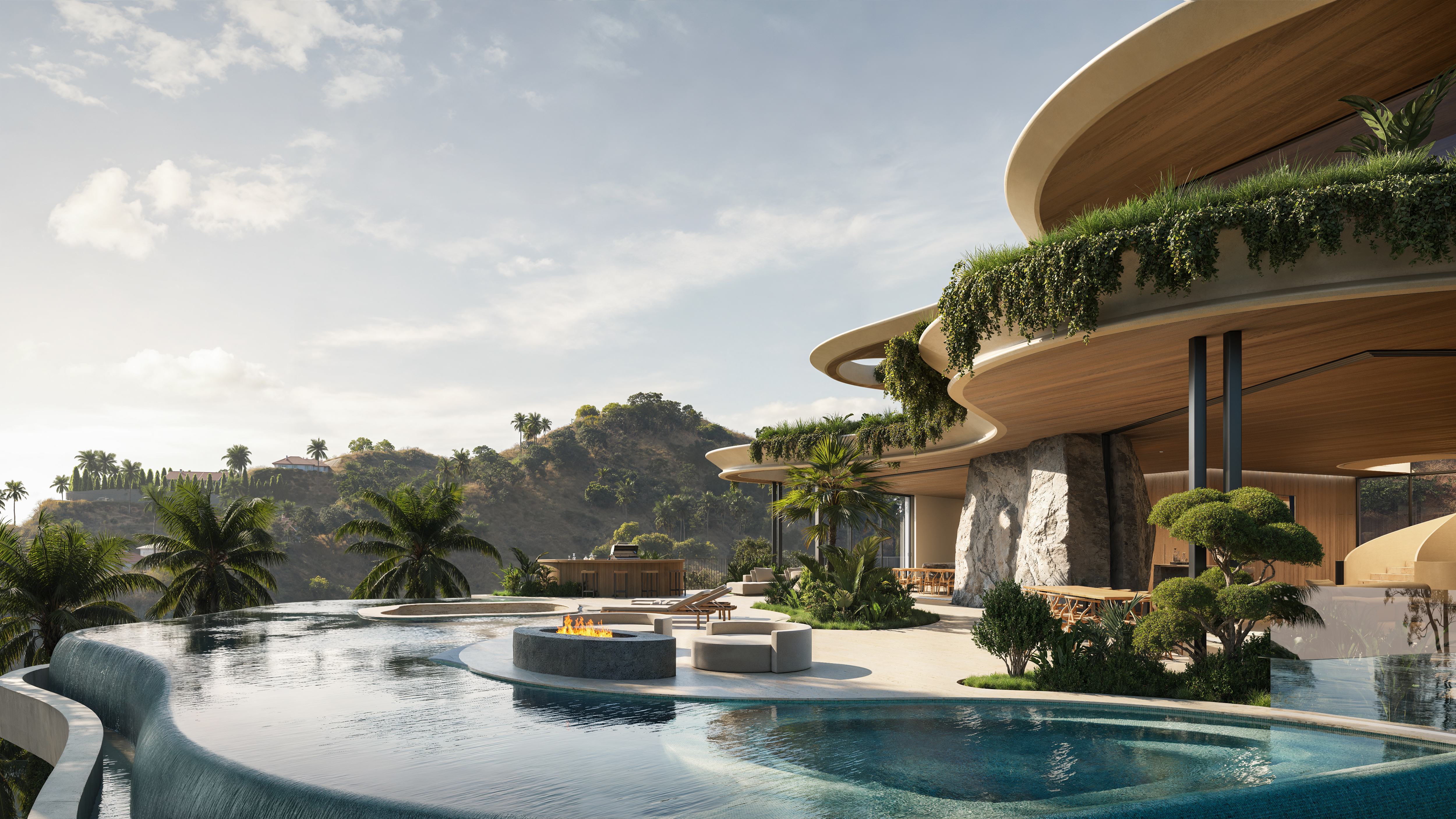Luxury home with infinity pool, fire pit, and hillside views. Modern architecture with lush greenery.