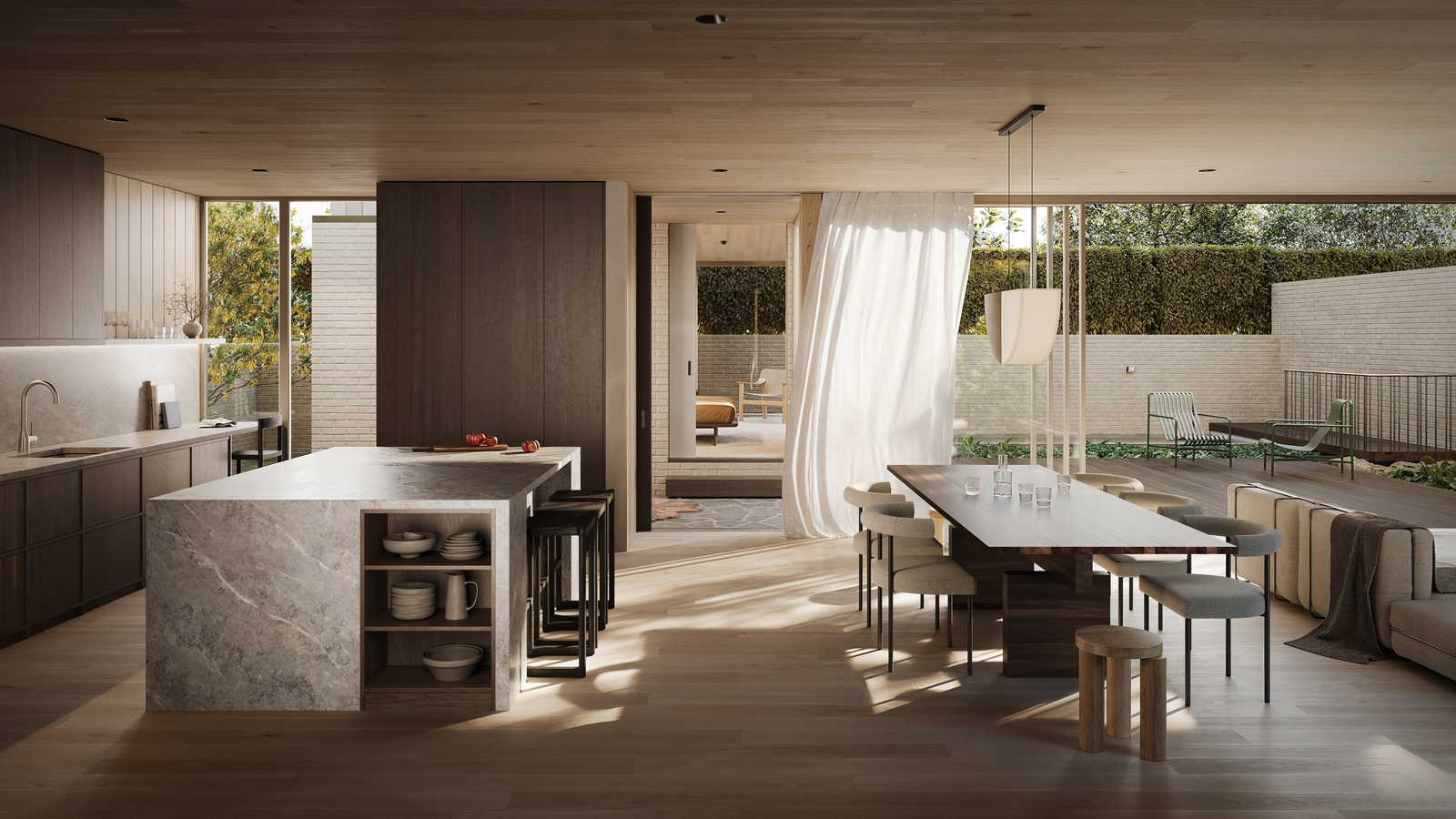 Modern kitchen and dining area with open floor plan and outdoor patio, showcasing 3D house rendering services.