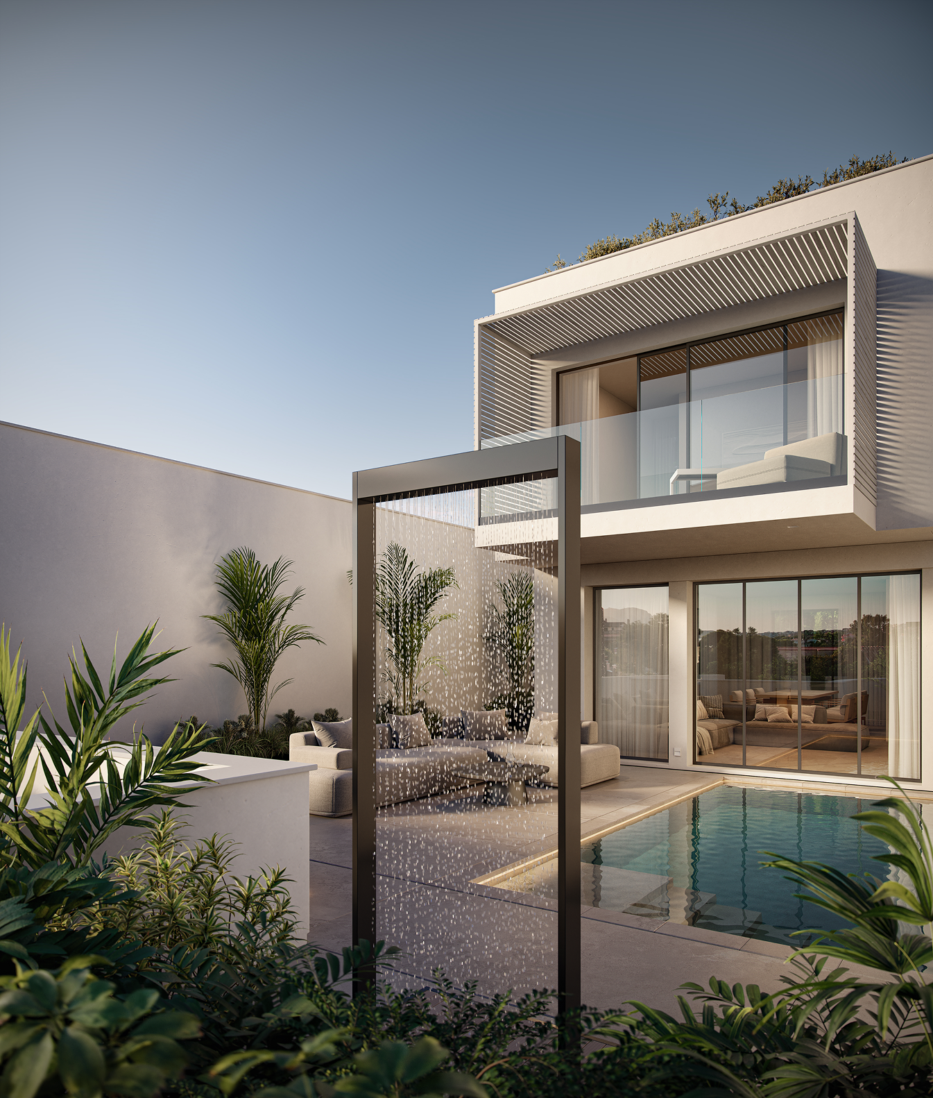 Modern house exterior with pool, waterfall feature, and outdoor lounge area. Clean architectural design.