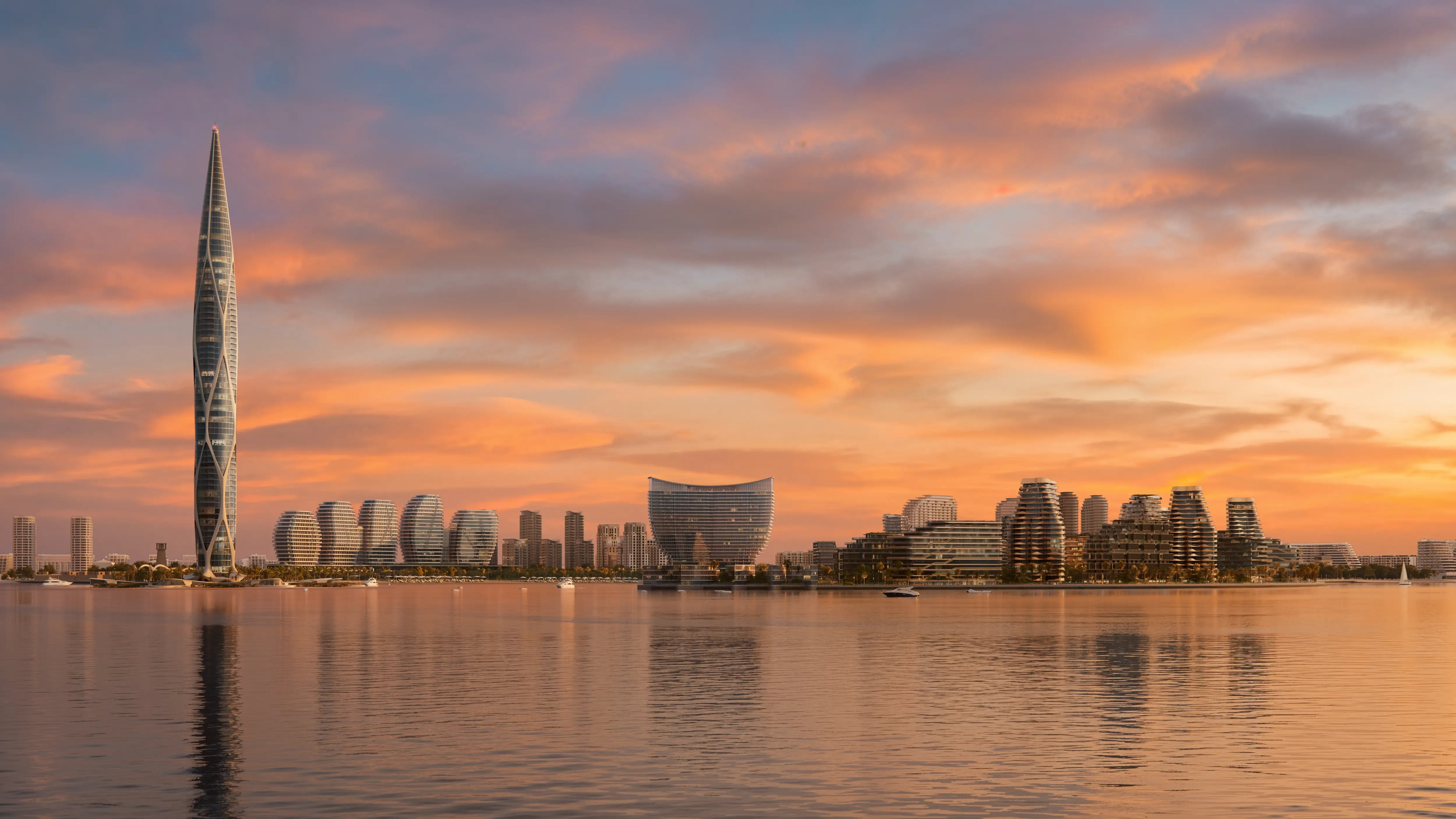 Stunning 3D exterior rendering of a futuristic city skyline at sunset, showcasing architectural design.