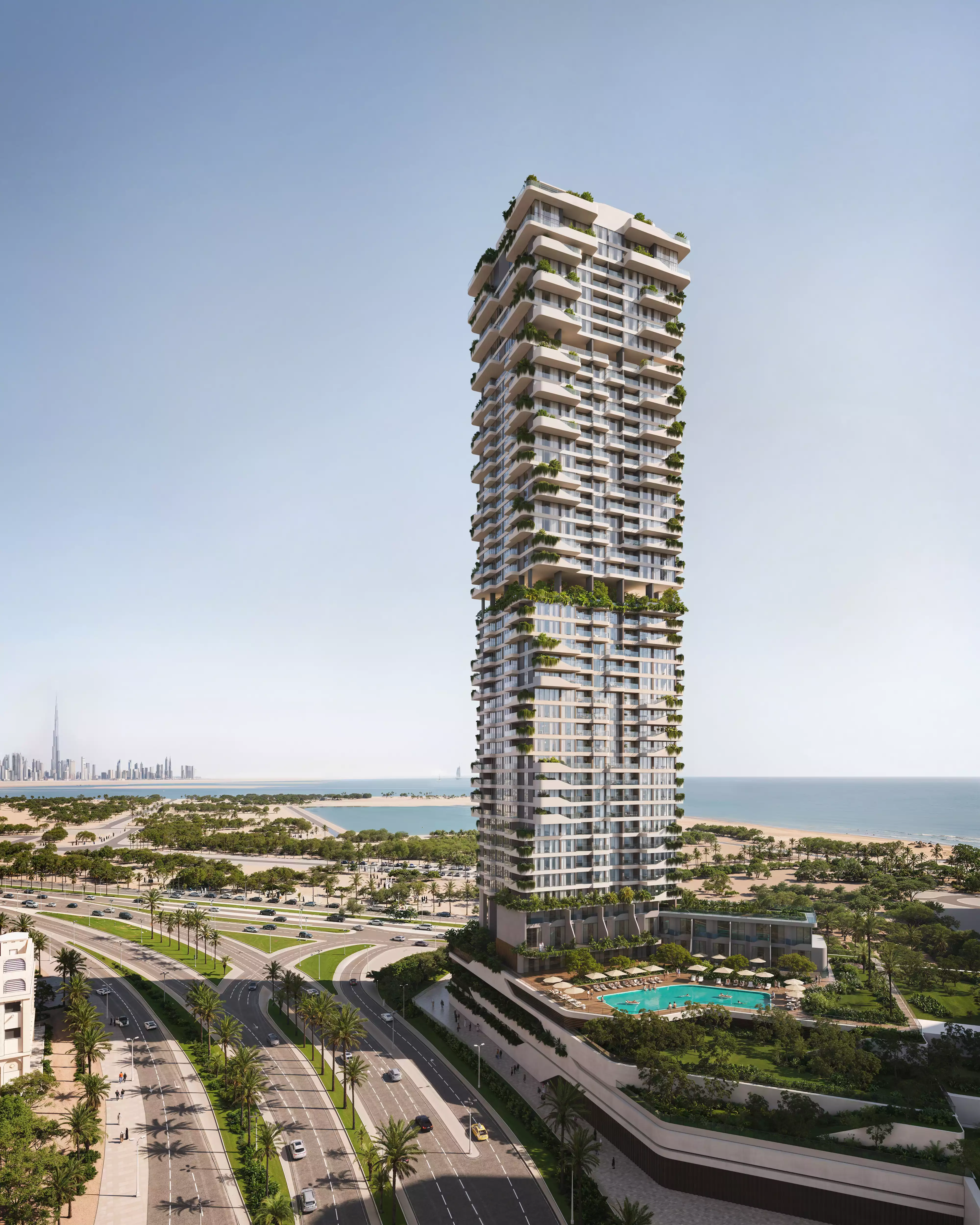 Modern high-rise residential building with balconies and greenery, showcasing 3D exterior rendering.